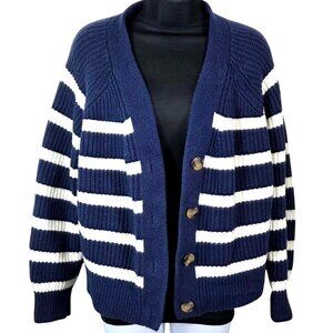 Old Navy Womens Navy & White Striped Chunky Button-Down Cardigan Sweater Size L